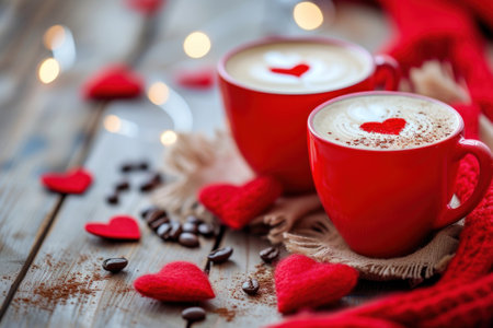 Red valentine coffee latte cups with heart decorations. Generative AI.の素材