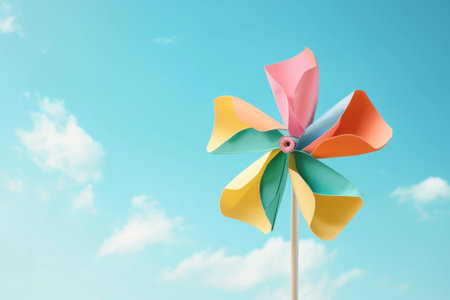 paper windmill on blue sky background. Generative AI.の素材