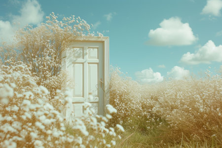 Door in field landscape at day, concept of new goals and progress. Generative AI.の素材