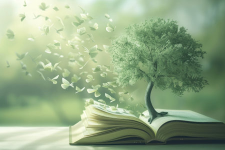 Tree with book leaves symbolizing growth through reading. Generative AI.の素材