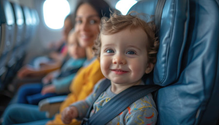 Photo of Parents who buckle up their children in airplane seats. Generative AI.の素材