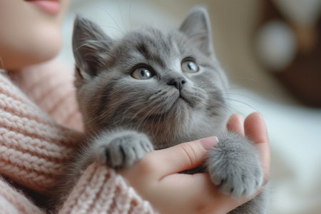 Happy young woman hugging cute, Adorable domestic pet concept. Generative AI.の素材