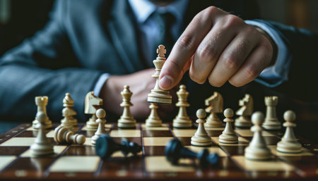 Man in business suit move chess figure on chessboard. Business strategy concept. Generative AI.の素材