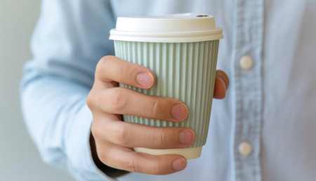 Hand holding a organic material coffee cup. Generative AI.の素材