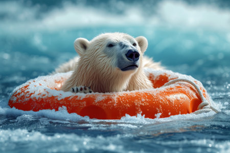 Polar bear floating on lifebuoy surrounded by melting snow, Concept for global warming. Generative AI.の素材
