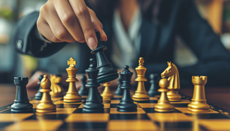 Man in business suit move chess figure on chessboard. Business strategy concept. Generative AI.の素材