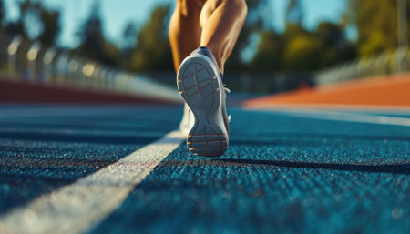 Athlete running on racetrack at stadium. Close up of athlete legs. Generative AI.の素材