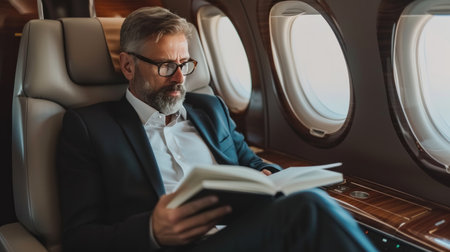World book day concept, businessman reading book in plane. Generative AI.の素材