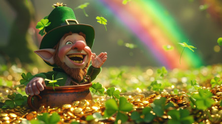 leprechaun surrounded by piles of gold in a field of four leaf clovers Rainbow abound. Generative AI.の素材