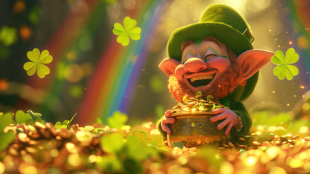 leprechaun surrounded by piles of gold in a field of four leaf clovers Rainbow abound. Generative AI.の素材
