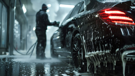 Car wash with foam. Generative AI.の素材