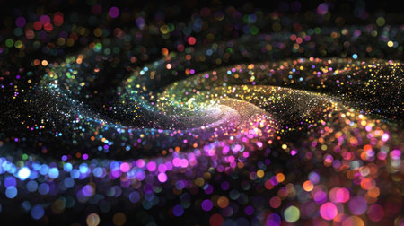 Glitter colorful magic swirl on black background. Generative AI.の素材