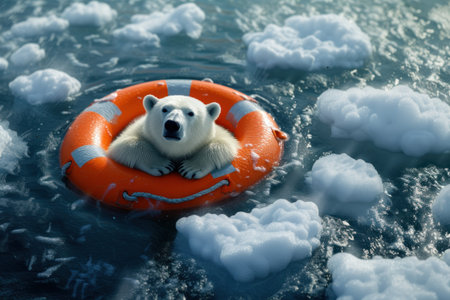 Polar bear floating on lifebuoy surrounded by melting snow, Concept for global warming. Generative AI.の素材