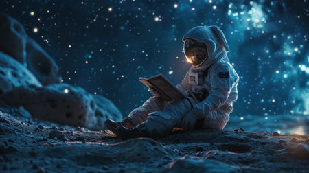 Concept World book day, Astronaut reading book on moon. Generative AI.の素材