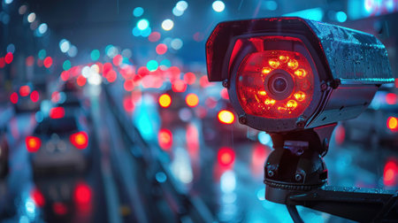 Speed camera monitoring busy traffic road. The cameras speed control on the road. Generative AI.の素材