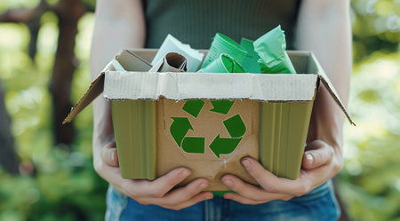 Hand holding a recycling bin Inside was a recycle paper. Generative AI.の素材