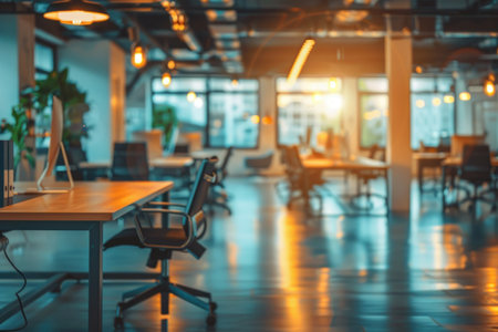 Blur interior inside modern office building, natural rim light. Generative AI.の素材