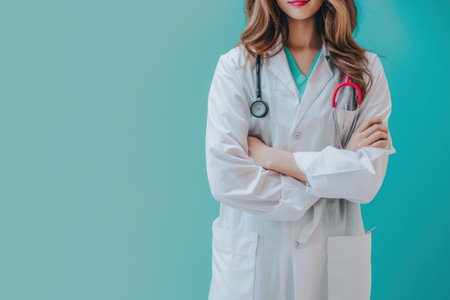 Young female doctor on light color background. Generative AI.の素材