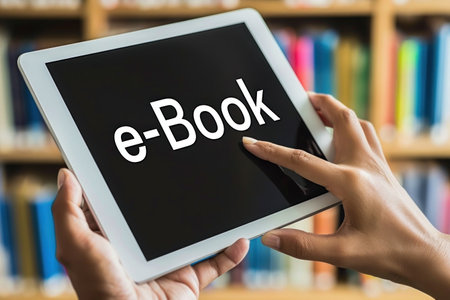 Media book library concept in tablet. Generative AI.の素材