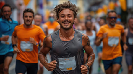 People running marathon race in the streets in summer. Generative AI.の素材