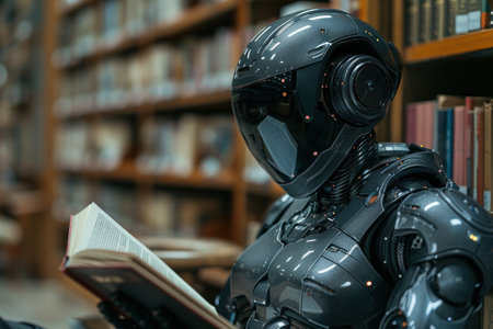 AI learning concept, robot reading book in library background. Generative AI.の素材