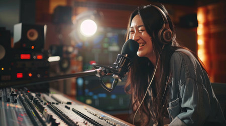 Photo Happy female radio host broadcasting in studio. Generative AI.の素材