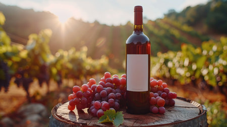 Bottle of red wine with ripe grapes on wooden table in vineyard. Generative AI.の素材