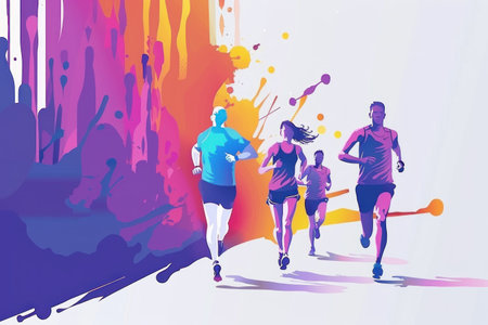 Colorful splash Running marathon poster, people run, colorful poster. Generative AI.の素材