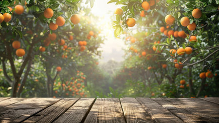 Wooden table place of free space for your decoration and orange trees. Generative AI.の素材