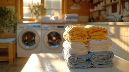 Washing machine with pile of clothes. Generative AI.の素材