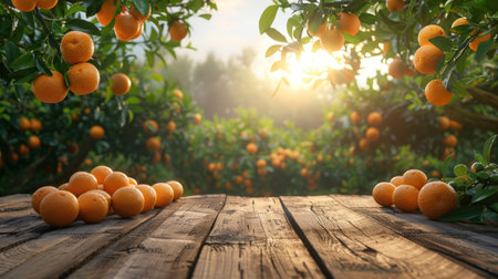 Wooden table place of free space for your decoration and orange trees. Generative AI.の素材