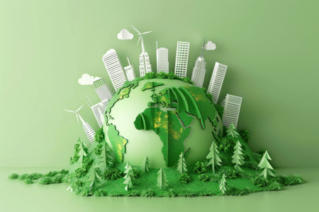 Eco city and green planet concept. Paper art style. Vector illustration. Generative AI..の素材