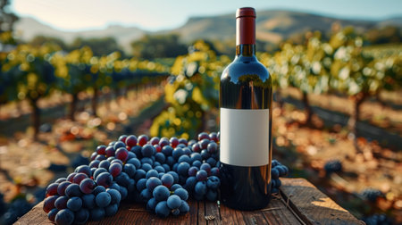 Bottle of red wine with ripe grapes on wooden table in vineyard. Generative AI.の素材