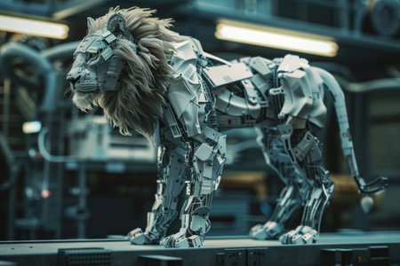 Futuristic lion robot, mechanical robot. Generative AI.の素材