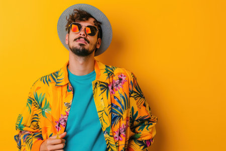 A man wear summer fashion in yellow background. Generative AI.の素材