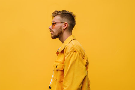 A man wear summer fashion in yellow background. Generative AI.の素材