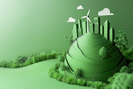 Eco city and green planet concept. Paper art style. Vector illustration. Generative AI..の素材