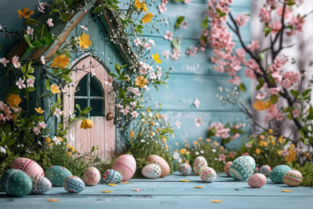 Outdoor Easter cottage wall, Easter Theme. Generative AI.の素材