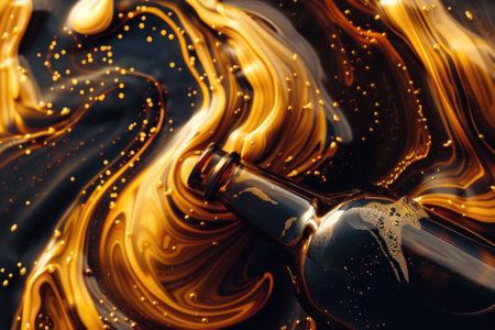 A bottle of beer with A beautiful viscous golden liquid beer swirling. Generative AI.の素材
