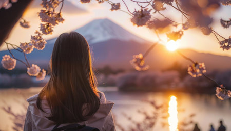 Tourist looking at Fuji mountain and cherry blossom in spring. Generative AI.の素材