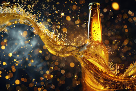 A bottle of beer with A beautiful viscous golden liquid beer swirling. Generative AI.の素材