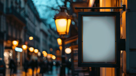 Blank empty white signboard on mockup city shop wall. Generative AI.の素材