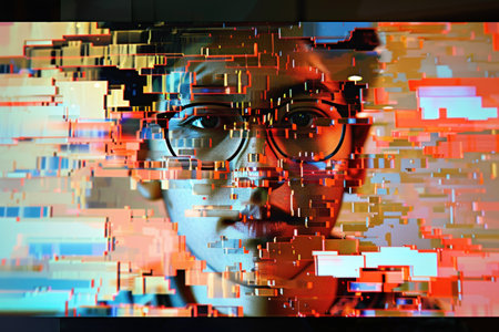 Glitch art abstract portrait, digital distortion and pixelation over facial features. Generative AI.の素材