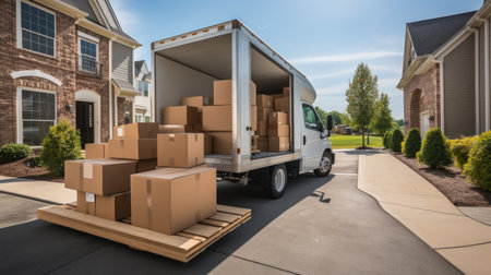 A truck is parked on the side of a street with boxes on the back. Generative AI.の素材