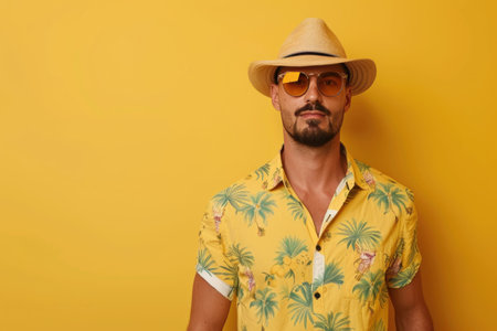 A man wear summer fashion in yellow background. Generative AI.の素材