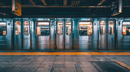 Train leaves empty station platform at subway. Generative AI.の素材