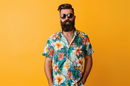 A man wear summer fashion in yellow background. Generative AI.の素材