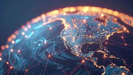 Abstract Background with interconnected glowing lines surrounding the globe. Generative AI.の素材