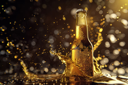 A bottle of beer with A beautiful viscous golden liquid beer swirling. Generative AI.の素材