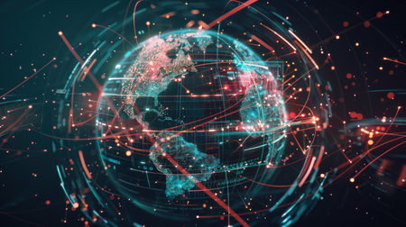 Abstract Background with interconnected glowing lines surrounding the globe. Generative AI.の素材